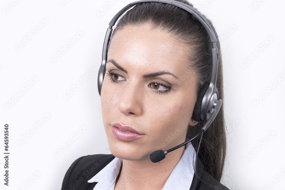 Beautiful Business woman with headphones (headset, office) Beautiful Business woman with headphones (headset, office)