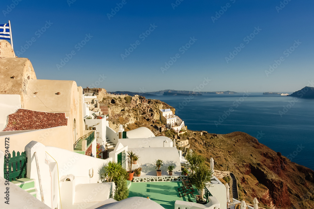 Scenic view of  Oia village over the ruins