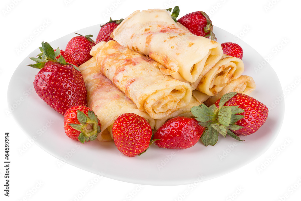 pancakes with cherry jam and strawberries