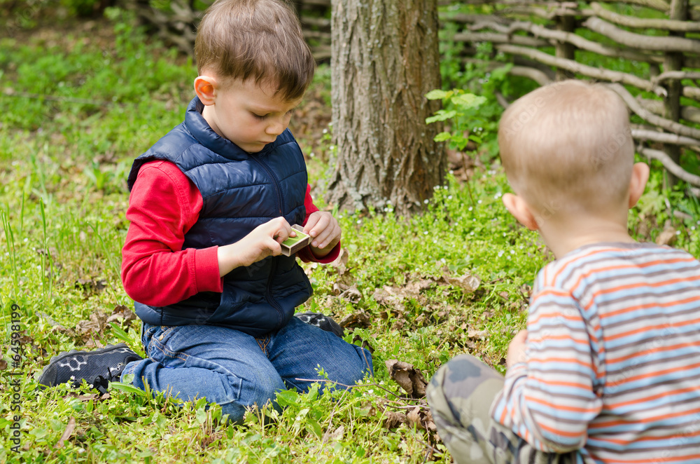 Two small boys lighting a fire in woodland Two small boys lighting a fire in woodland