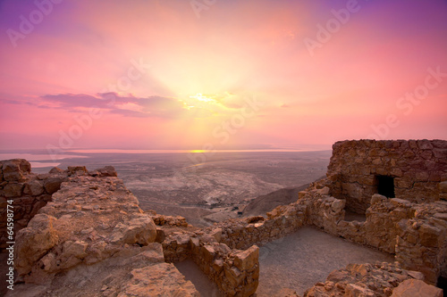 Beautiful sunrise over ancient Masada fortress in Israel