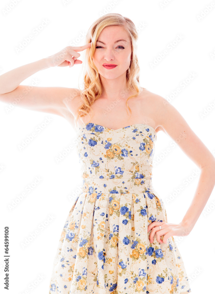 Young Woman holding her finger against her head Young Woman holding her finger against her head