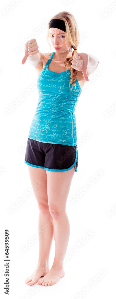 Young woman showing thumbs down sign from both hands Young woman showing thumbs down sign from both hands