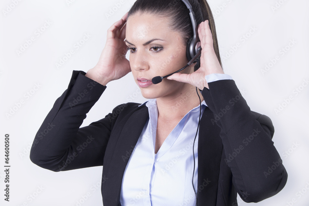 Beautiful Business woman with headphones (headset, office) Beautiful Business woman with headphones (headset, office)