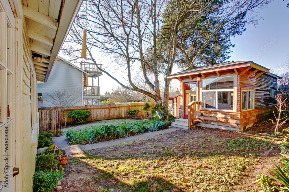 Backyard with small wooden shed