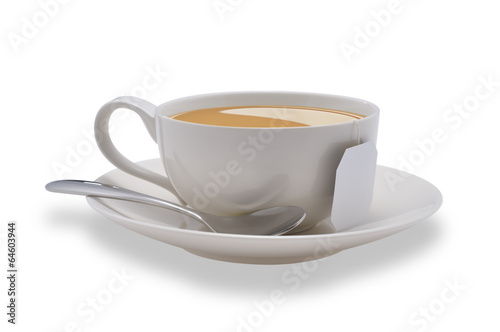 Cup of tea with tea bag isolated on white background
