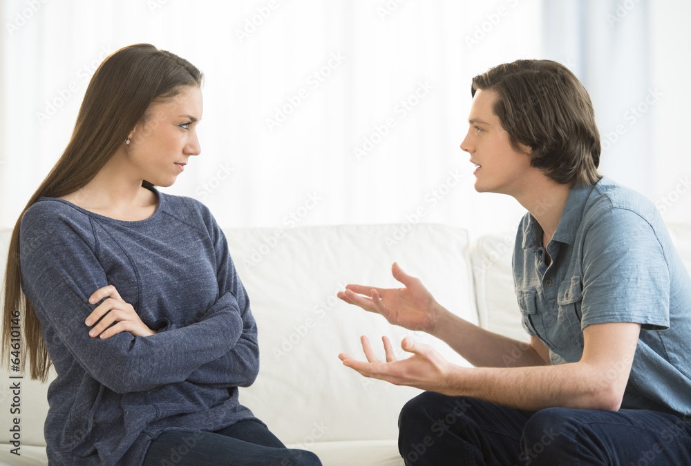 Man Explaining Woman While Arguing In Living Room Man Explaining Woman While Arguing In Living Room