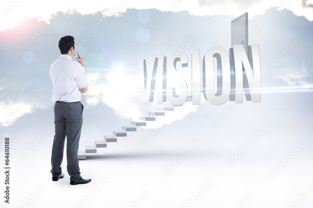 Vision against white steps leading to closed door Vision against white steps leading to closed door