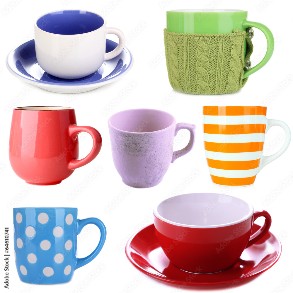 Collage of colorful cups isolated on white