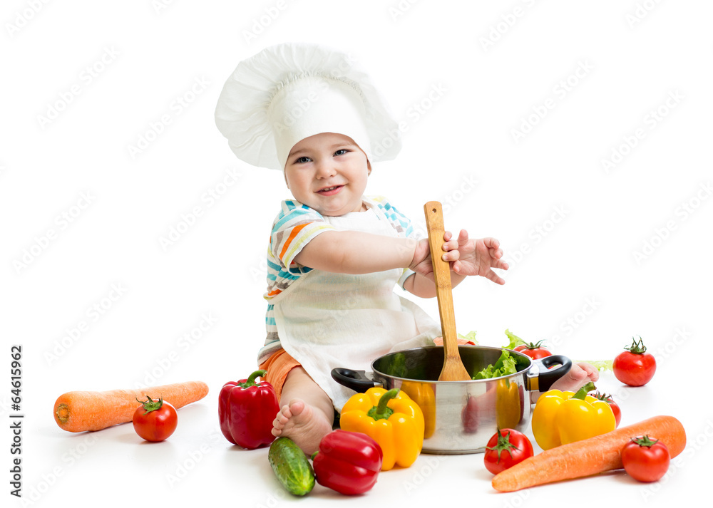 baby chef with healthy food vegetables baby chef with healthy food vegetables