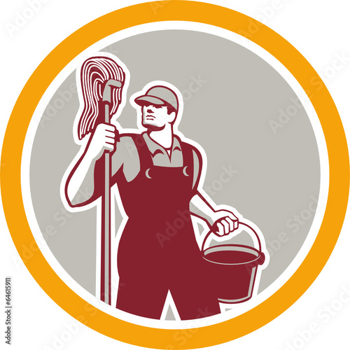 Janitor Holding Mop and Bucket Circle Retro