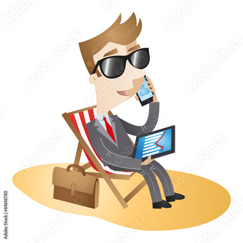 Businessman, canvas chair, beach, working, vacation