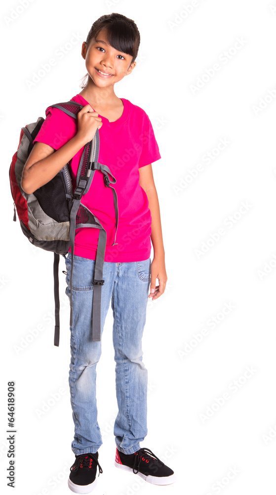 Young Malay Asian girl student with a backpack over white Young Malay Asian girl student with a backpack over white