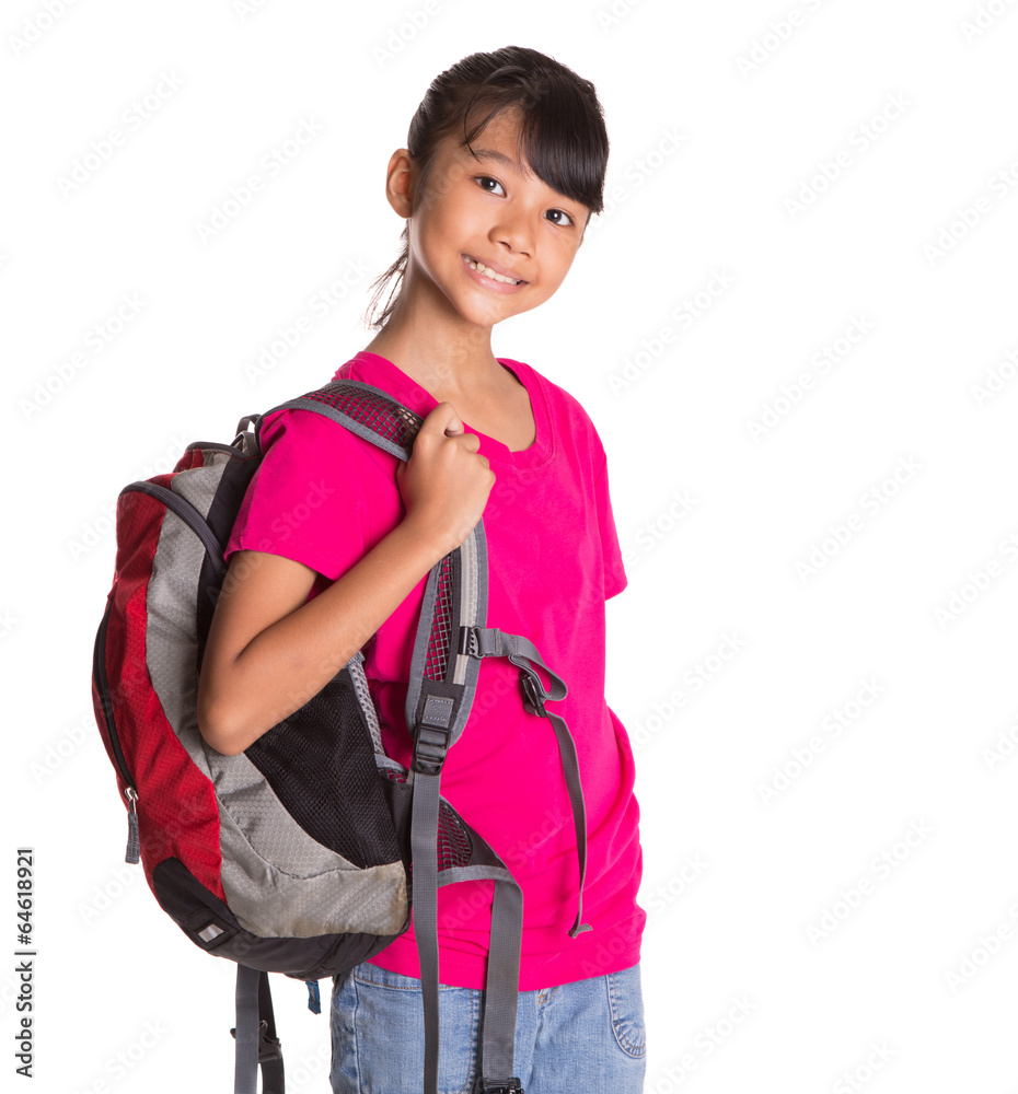 Young Malay Asian girl student with a backpack over white 