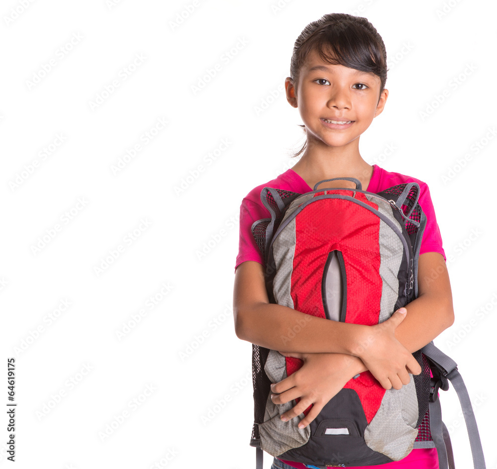 Young Malay Asian girl student with a backpack over white Young Malay Asian girl student with a backpack over white