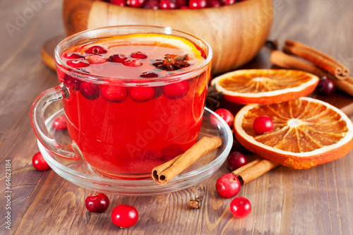 Hot mulled wine with cranberries and orange