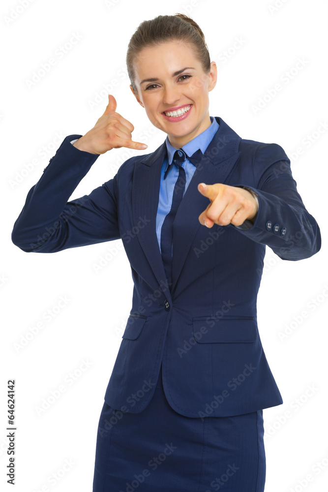 Business woman calling with hand gesture and pointing in camera Business woman calling with hand gesture and pointing in camera