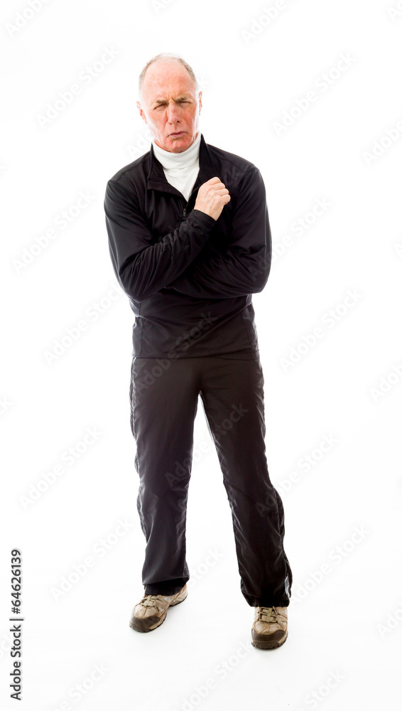 Senior man shivering in the cold isolated on white background Senior man shivering in the cold isolated on white background
