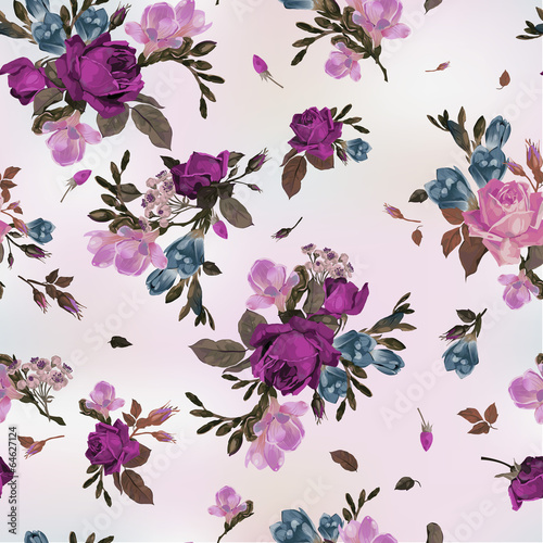 Vector seamless floral pattern with roses and freesia