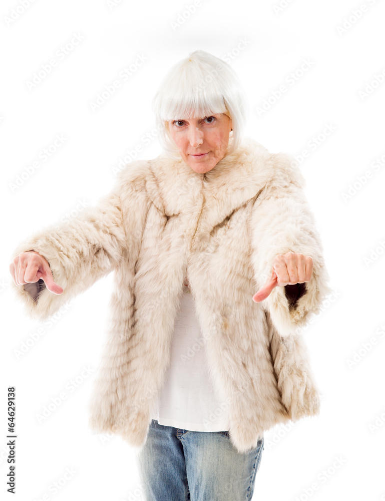 Senior woman showing thumbs down sign from both hands