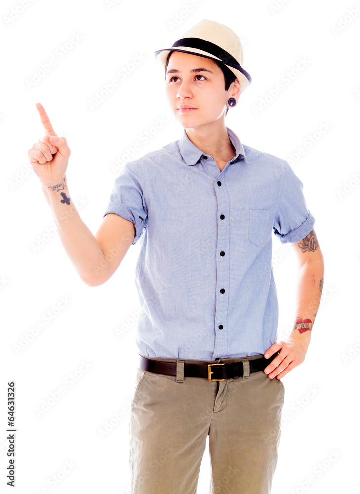 Young woman standing with hand on hip and pointing Young woman standing with hand on hip and pointing