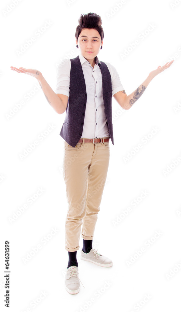 Young woman standing with her arm outstretched Young woman standing with her arm outstretched