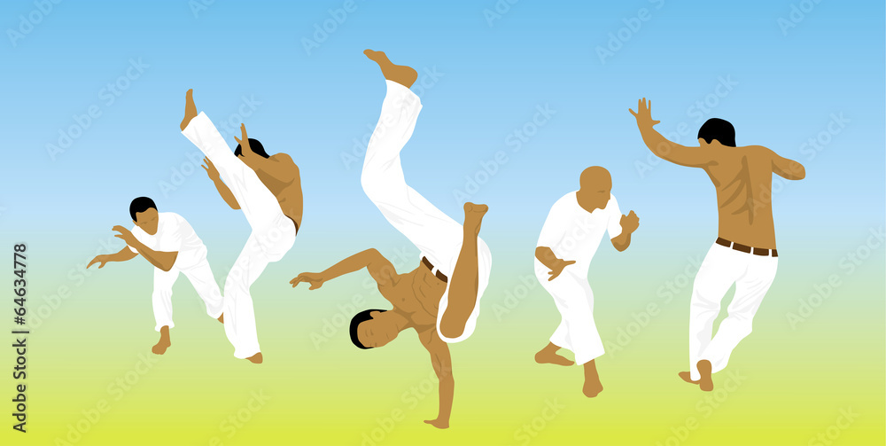 Illustration, five men are engaged capoeira on sand
