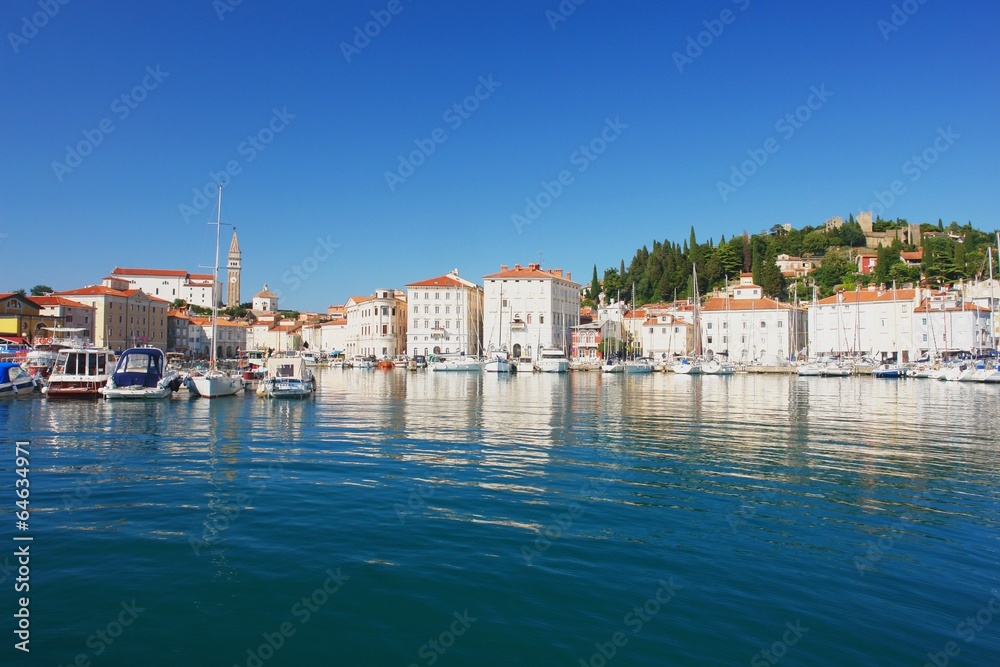 View from the harbor on the city Piran, Slovenia