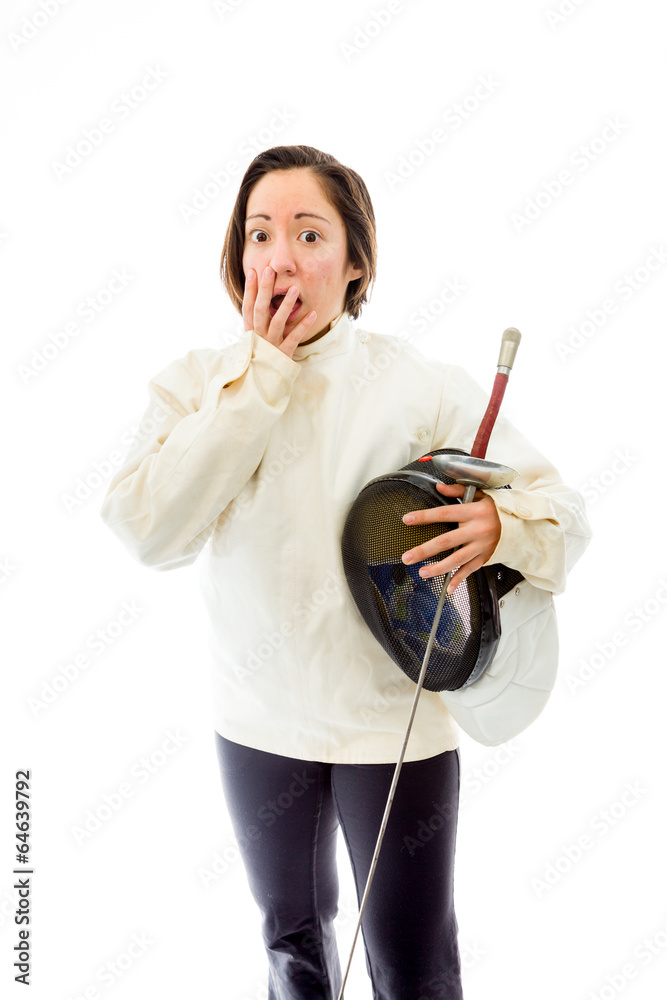 Female fencer hand over her mouth and shock Female fencer hand over her mouth and shock