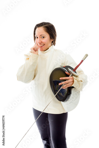 Female fencer biting nail with a holding mask and sword