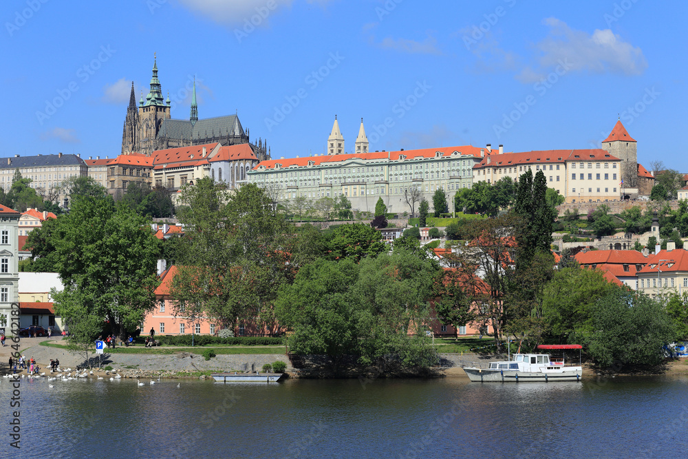 View on the spring Prague gothic Castle above River Vltava