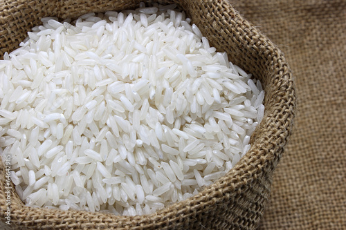 Raw rice in canvas sack