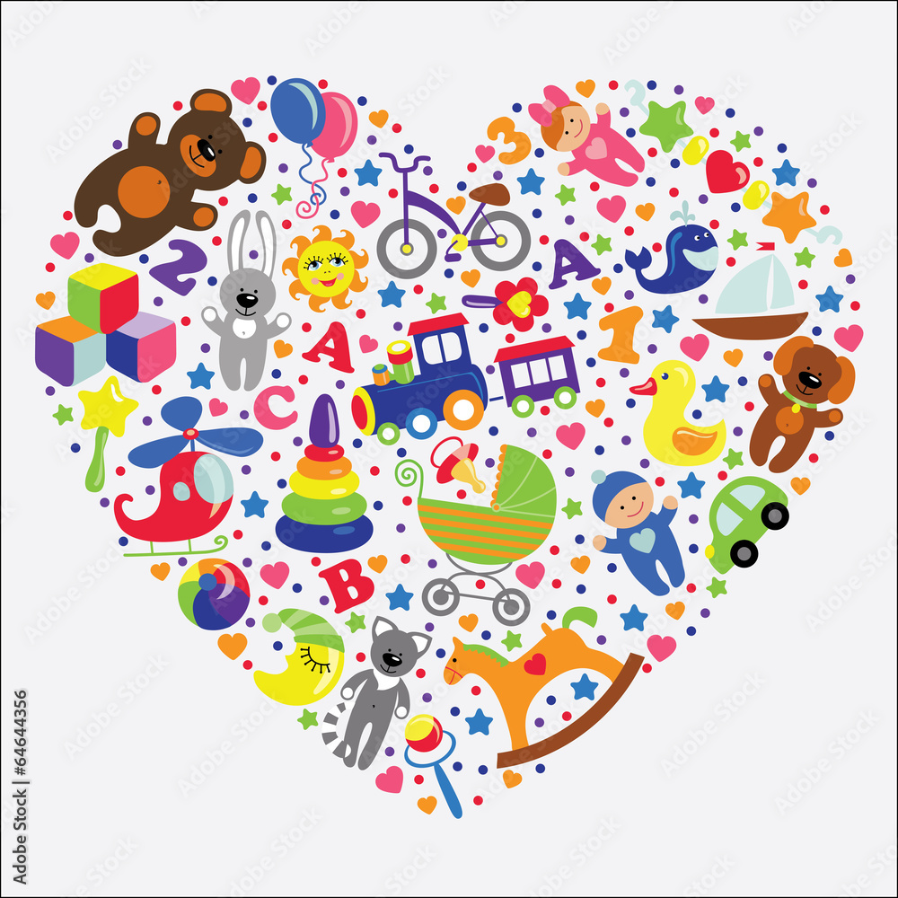 Baby toys icons in heart.Set collection