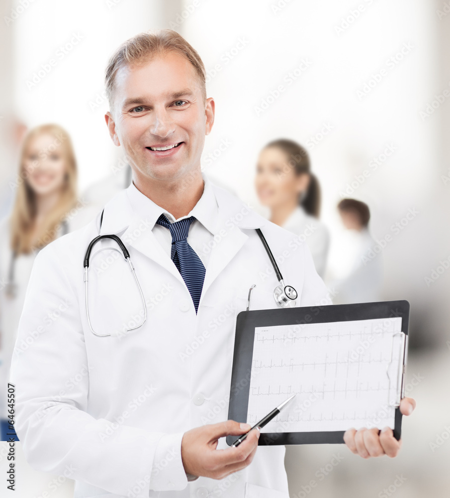 male doctor with stethoscope showing cardiogram male doctor with stethoscope showing cardiogram