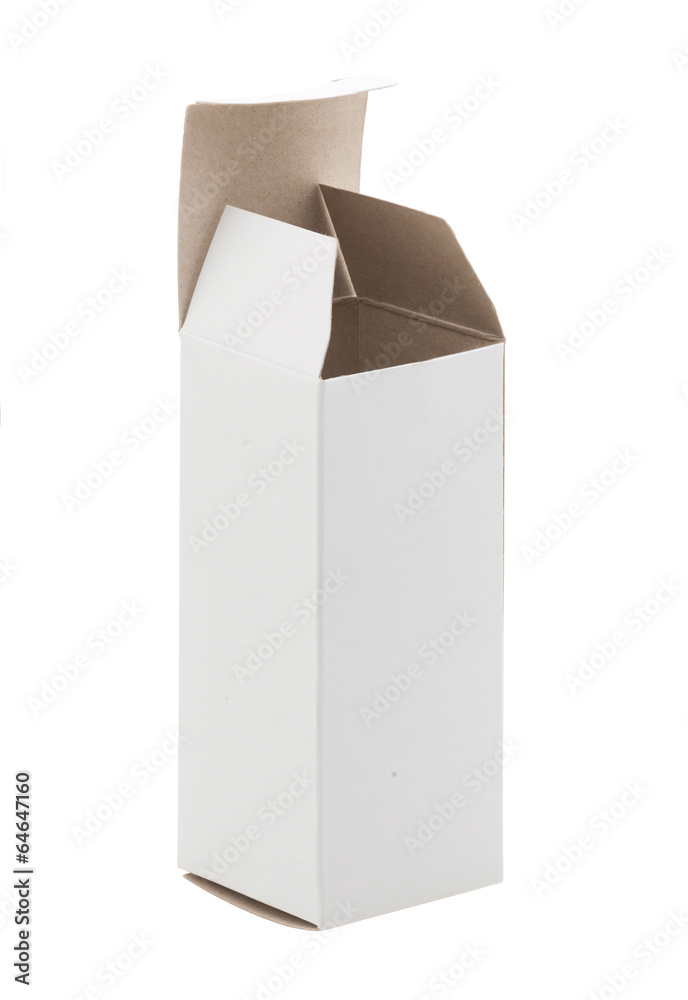Close up of a small white cardboard box , isolated on white back Close up of a small white cardboard box , isolated on white back