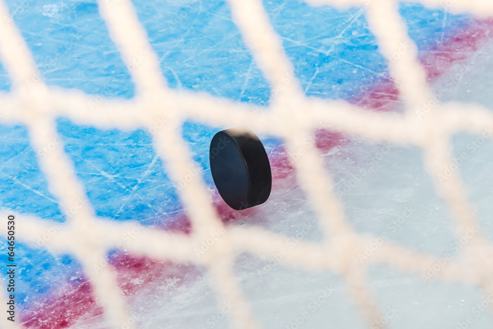 Naklejka premium Hockey puck through goal net