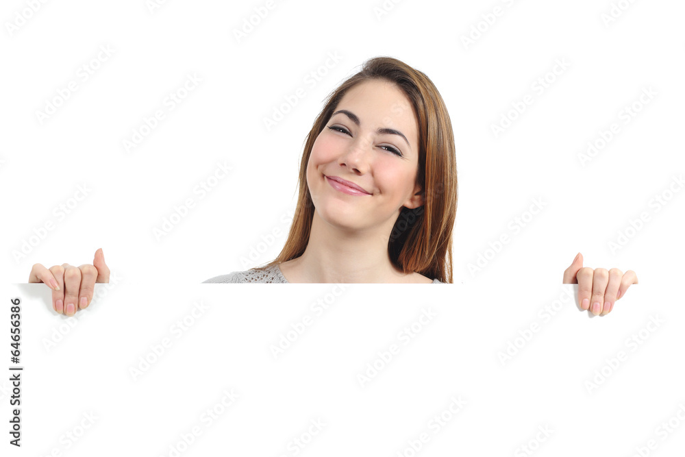 Funny woman presenting and holding a blank sign Funny woman presenting and holding a blank sign