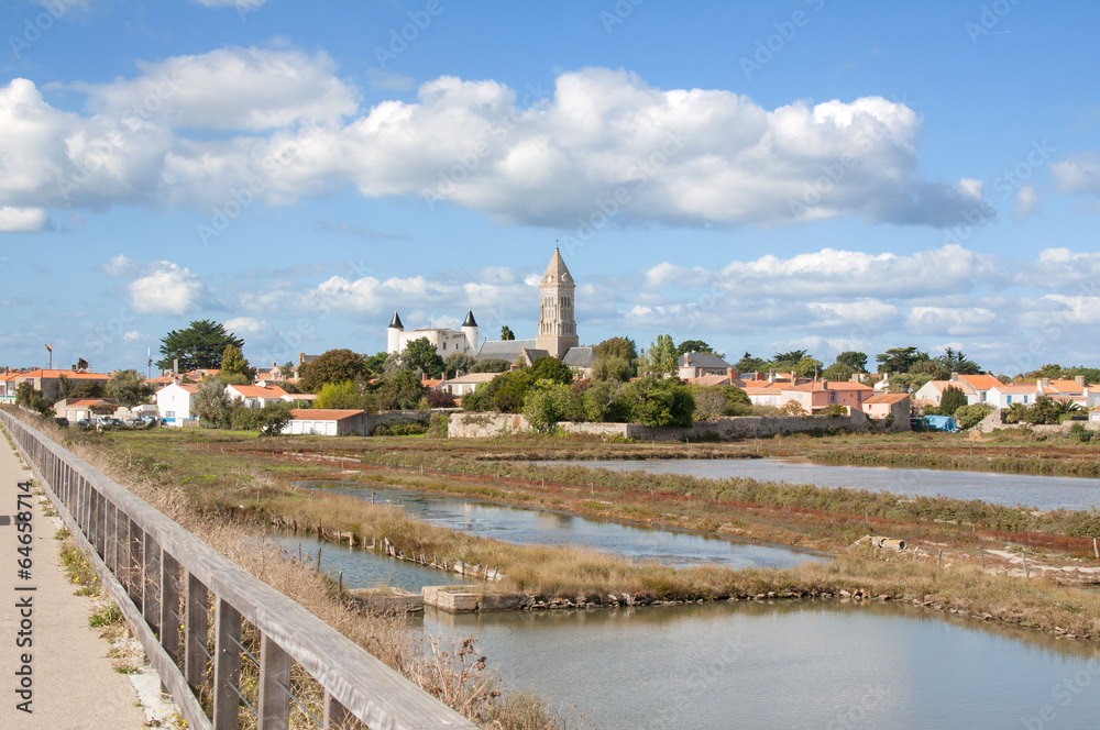 Les marais salants et la ville de Noirmoutier en île en Vendée