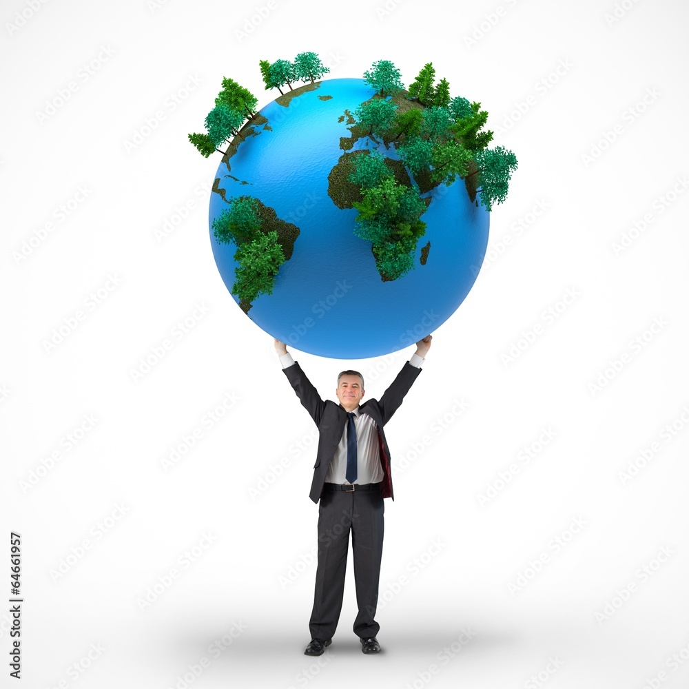 Composite image of mature businessman holding globe Composite image of mature businessman holding globe