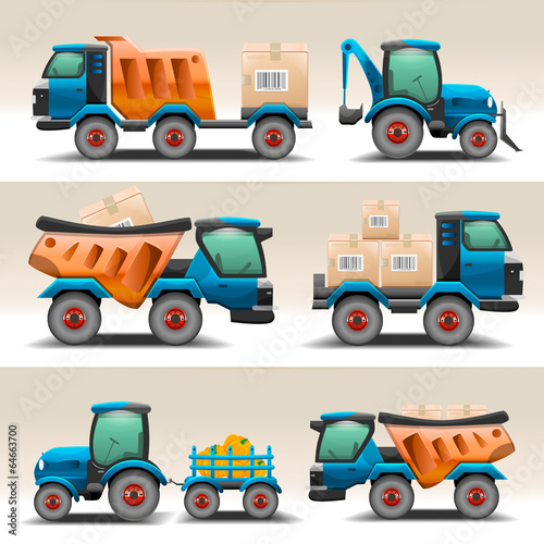 Set of trucks and tractors for transportation