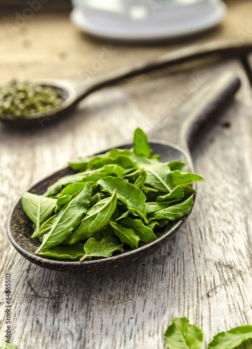 Basil leaves on wooden spoon