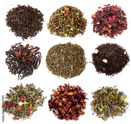 Collage of aromatic dry tea isolated on white