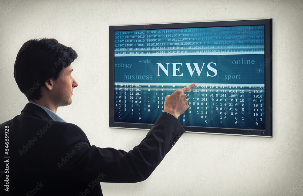 businessman presses interface. online news businessman presses interface. online news