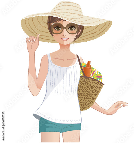 女性 夏 麦わら帽子 休暇 Pretty girl wearing a wide brimmed straw hat.