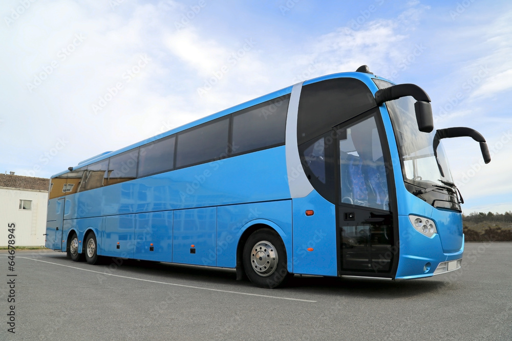 Blue Bus on Parking Lot