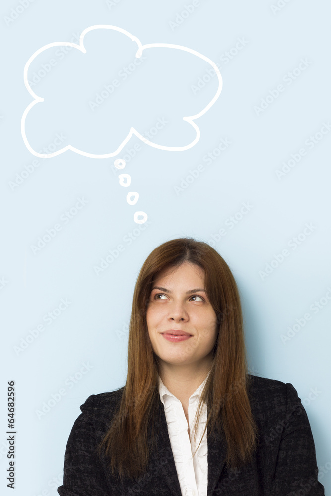 Beautiful business woman with thinking cloud above her head Beautiful business woman with thinking cloud above her head