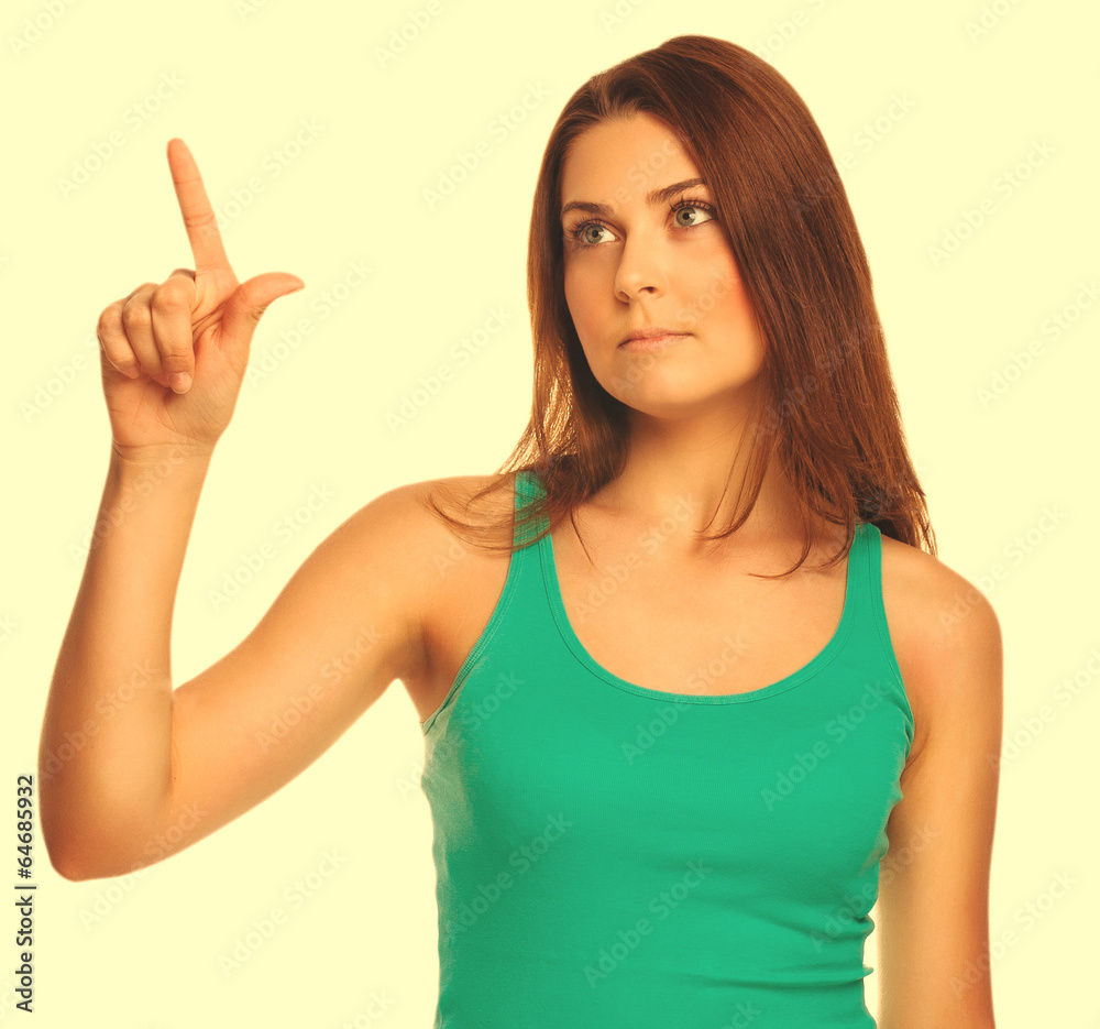 woman presses touch screen points finger button, press isolated