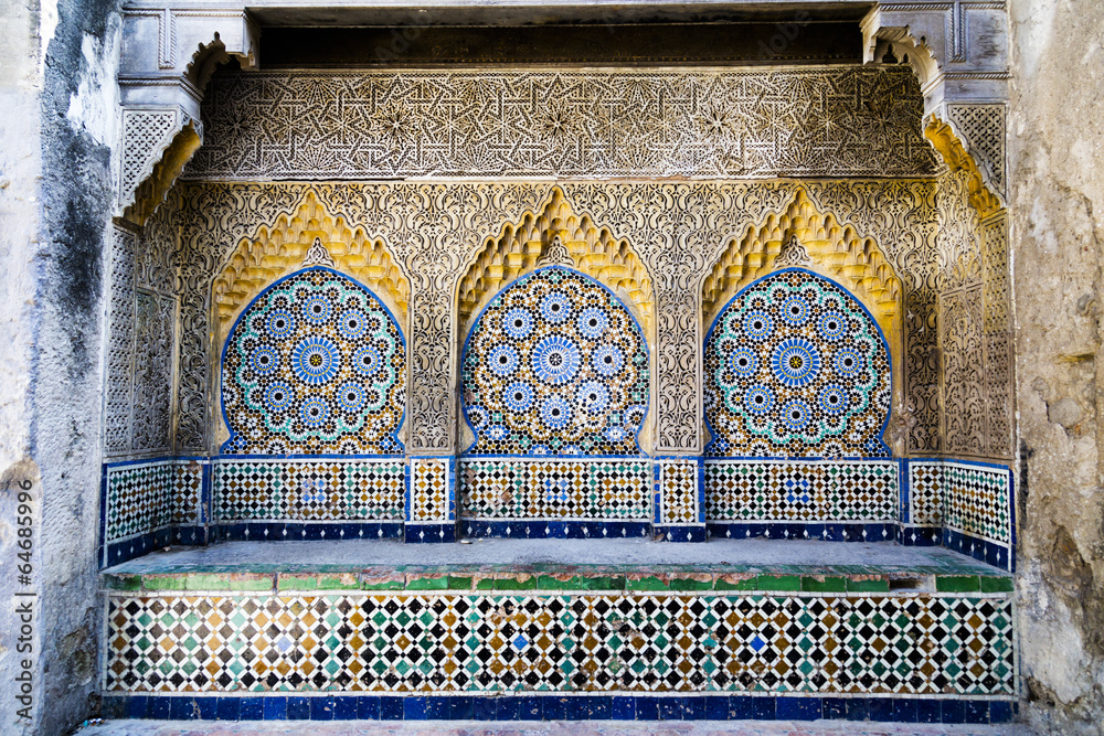 Naklejka premium Tiled and carved alcove in Casbah, Tangier