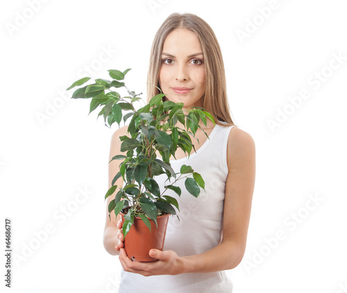 young woman holding houseplant, isolaterd on white