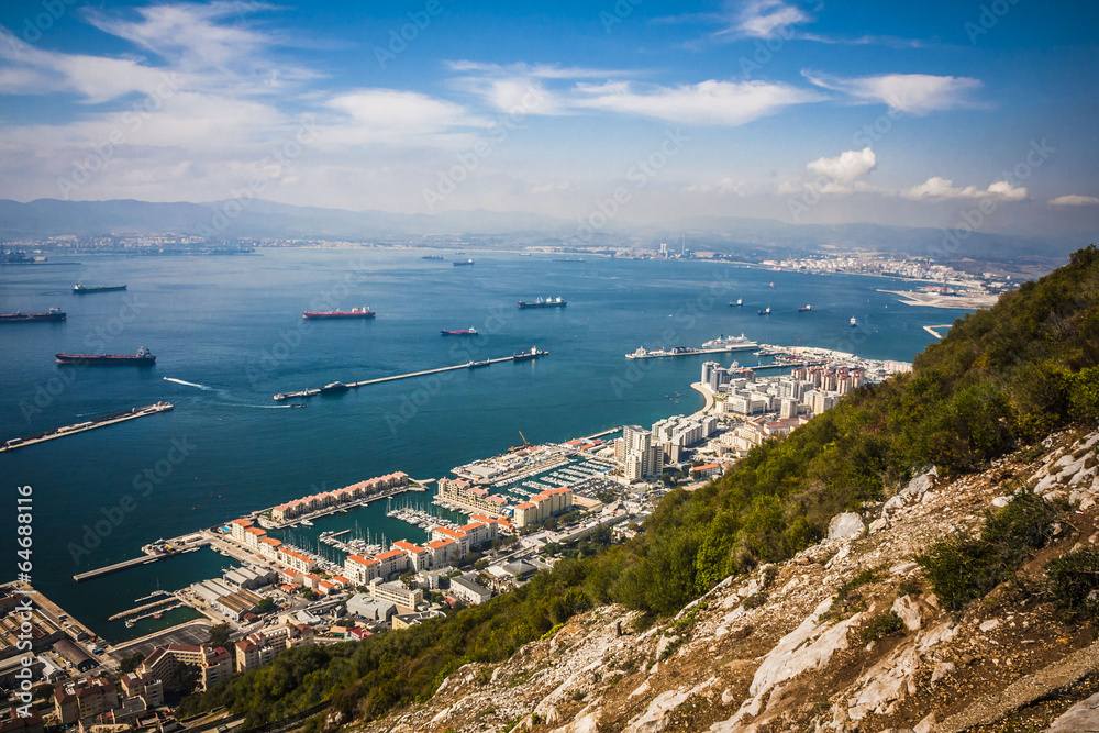 Scenic view from above over Gibraltar Bay and town Scenic view from above over Gibraltar Bay and town